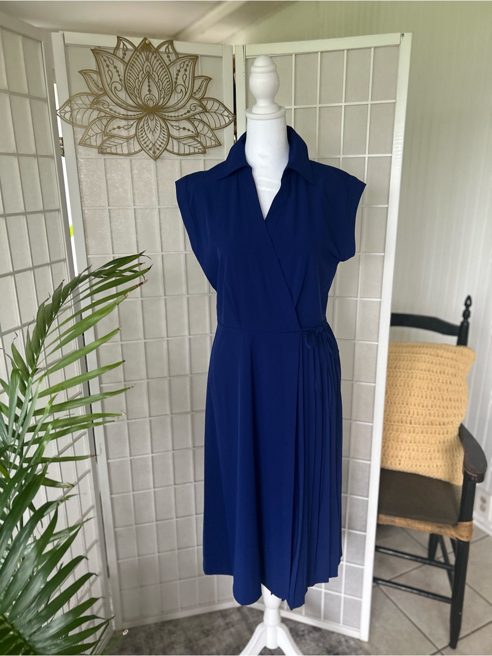 Calvin Klein Cobalt Blue Sleeveless Wrap-Style Midi Dress